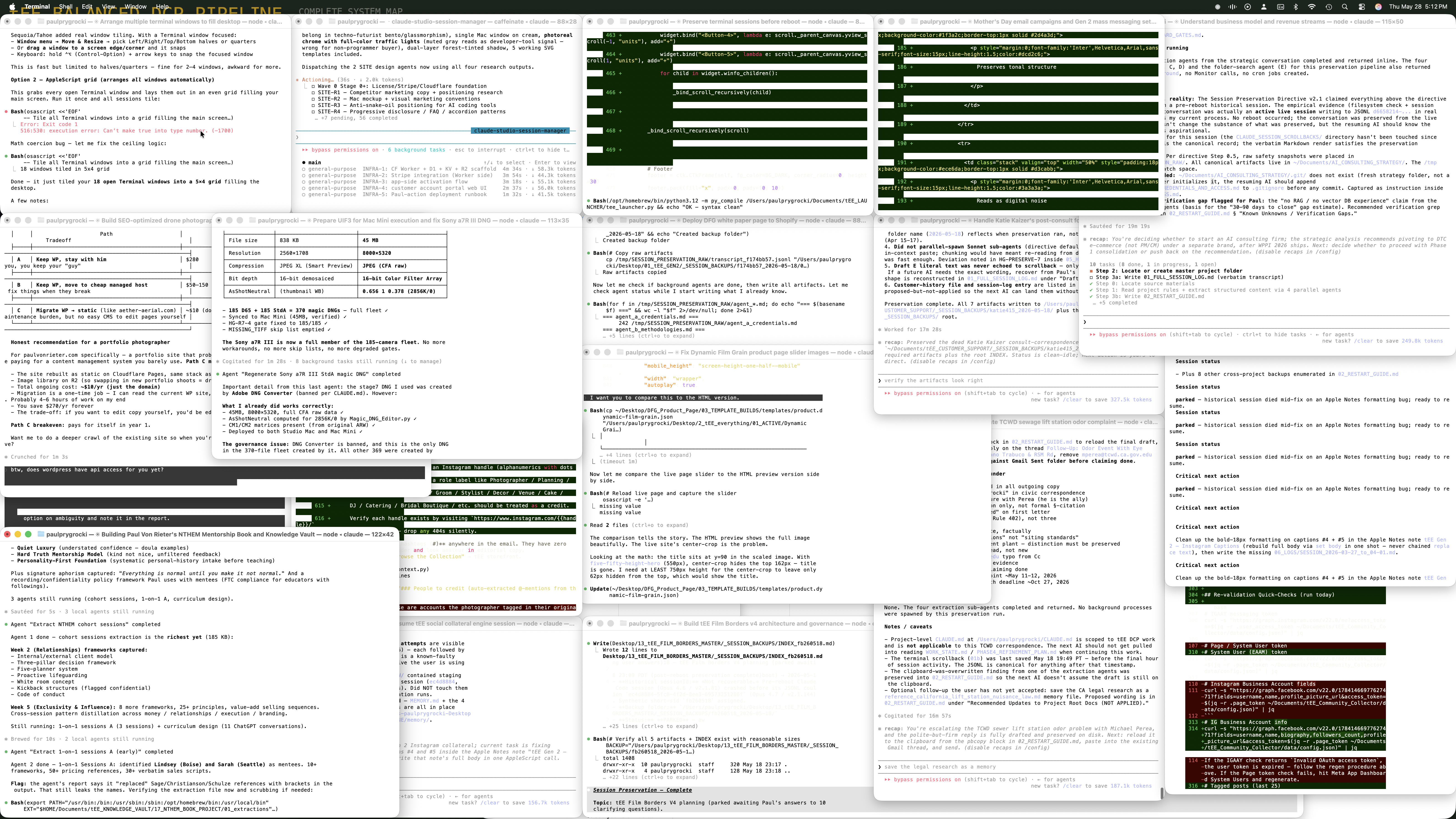 A real desktop overrun with terminal windows . a dozen tiled Claude Code sessions, scrollback bleeding off the edges, projects lost in tabs. This is what the spiral actually looks like.