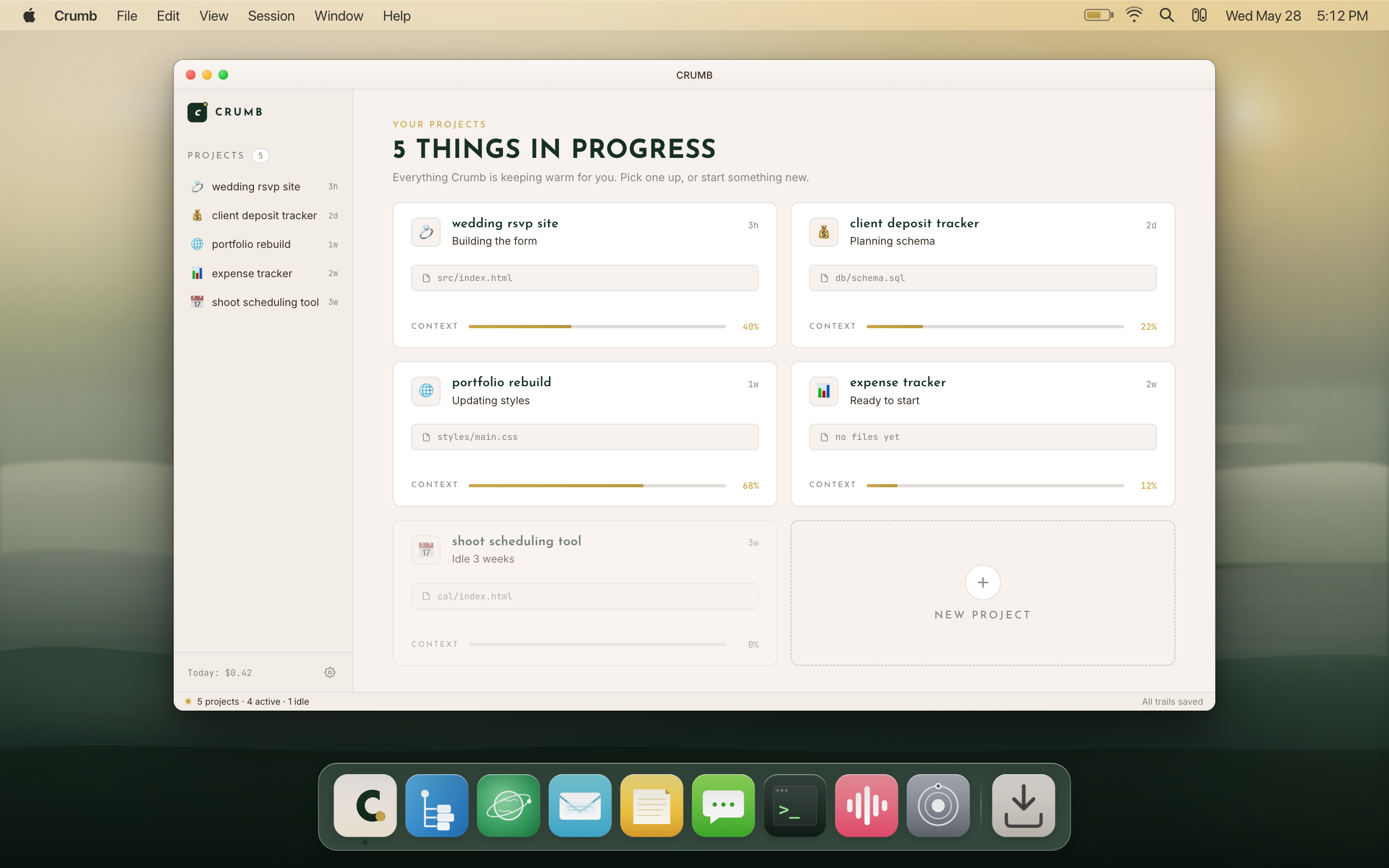 Crumb after picking up your crumbs. One window. Five projects organized in the sidebar, each with their own context level, last status, and gold context-gauge mini-bar. Nothing lost. Nothing scattered.