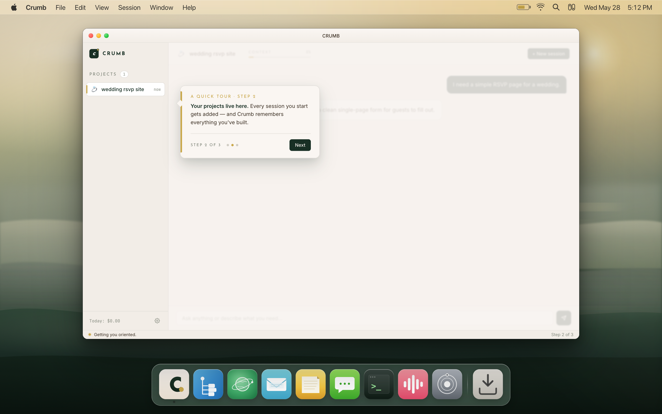 Crumb on first launch, with a quiet tour bubble pointing at the projects sidebar — your trail starts here.