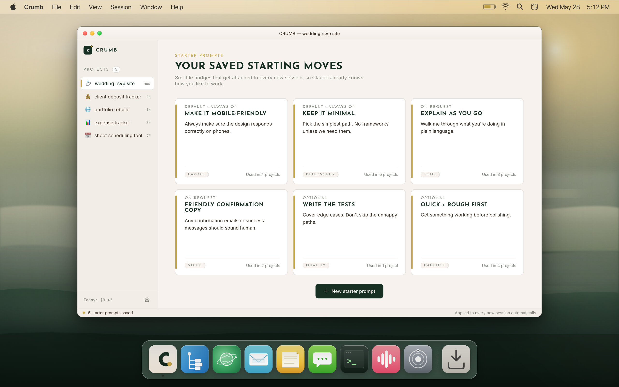 The Starter Prompts library in Crumb. Six saved prompts you reuse across every project, each with a gold left-bar and one-line description.